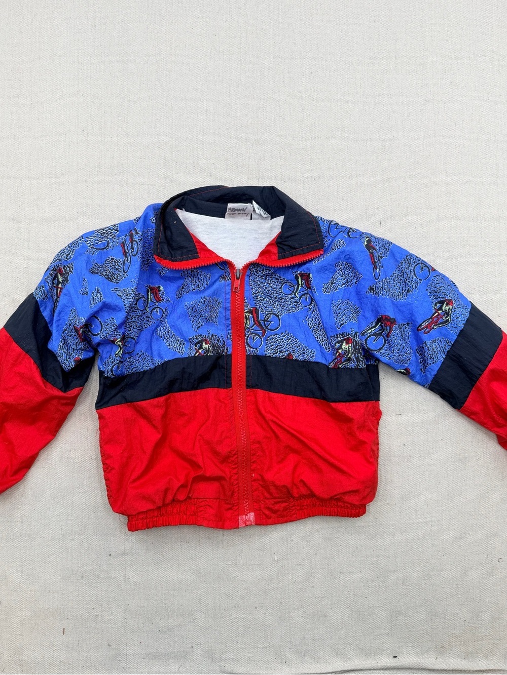 Vintage Kids Red & Blue Windbreaker Jacket with Bicycle Print